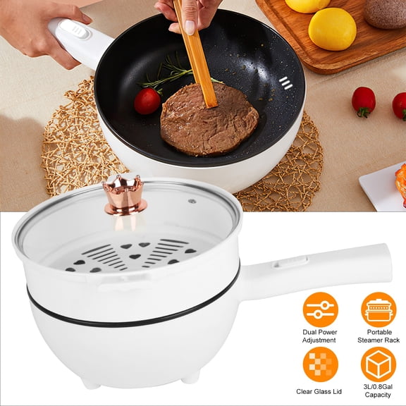 Moclever Portable Electric Hot Pot Non-Stick Frying Pan with Long Handle Steamer Spatula Dual Power Control Overheat Dry-Boil Protection for College Dorm Room Essential, White