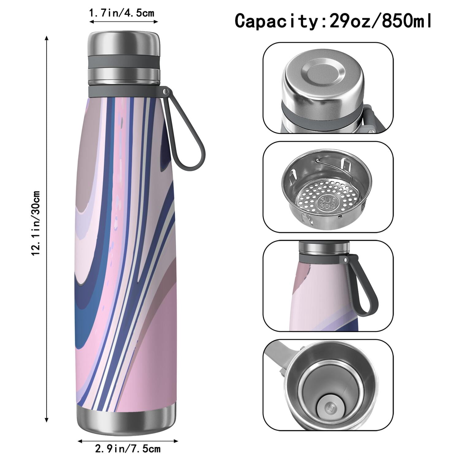29oz Insulated Water Bottle with Tea Infuser, Stainless Steel Travel Mug, Liquid & Marble Print