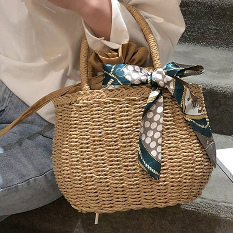 Cheers US Straw Bags for Women, Hand-woven Straw Small Hobo Bag Round  Handle Ring Tote Retro Summer Beach Rattan bag