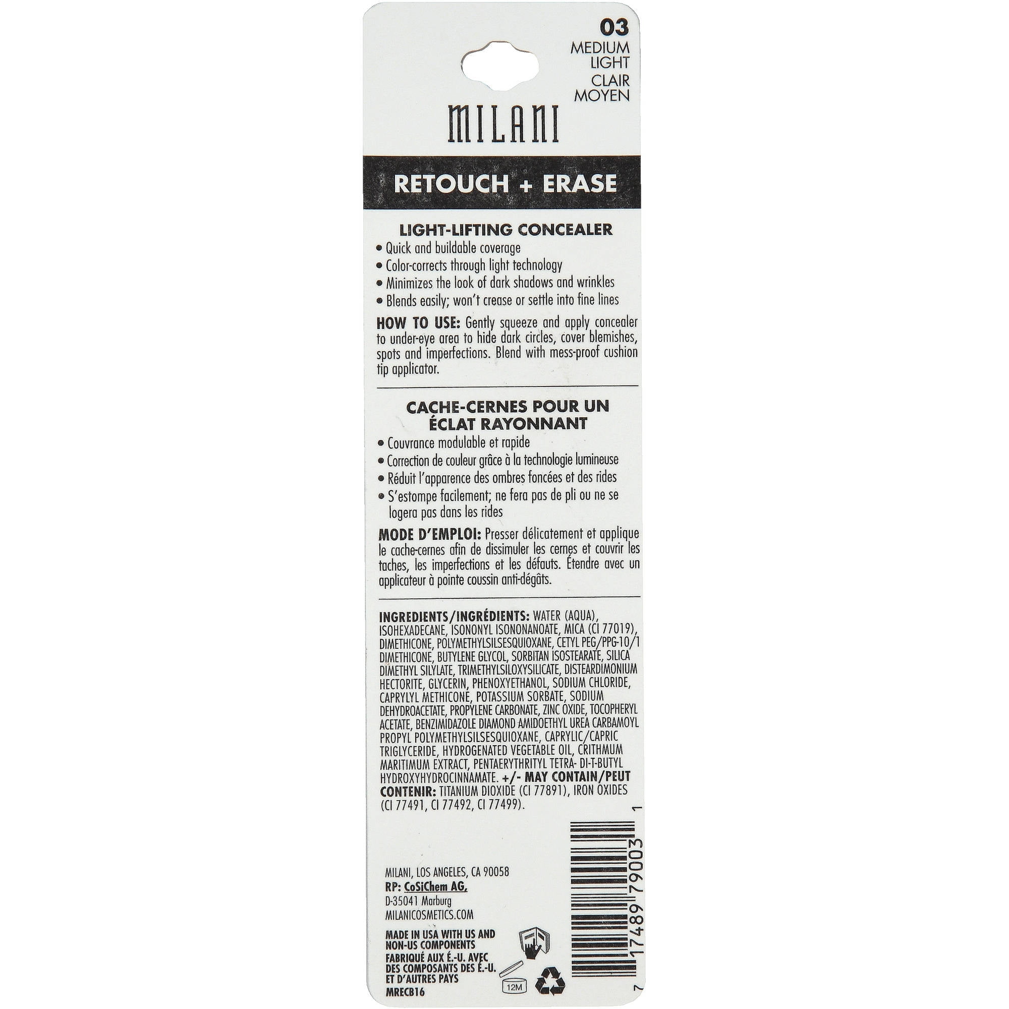 Milani Retouch + Erase Light Lifting Concealer, 03 Medium Light