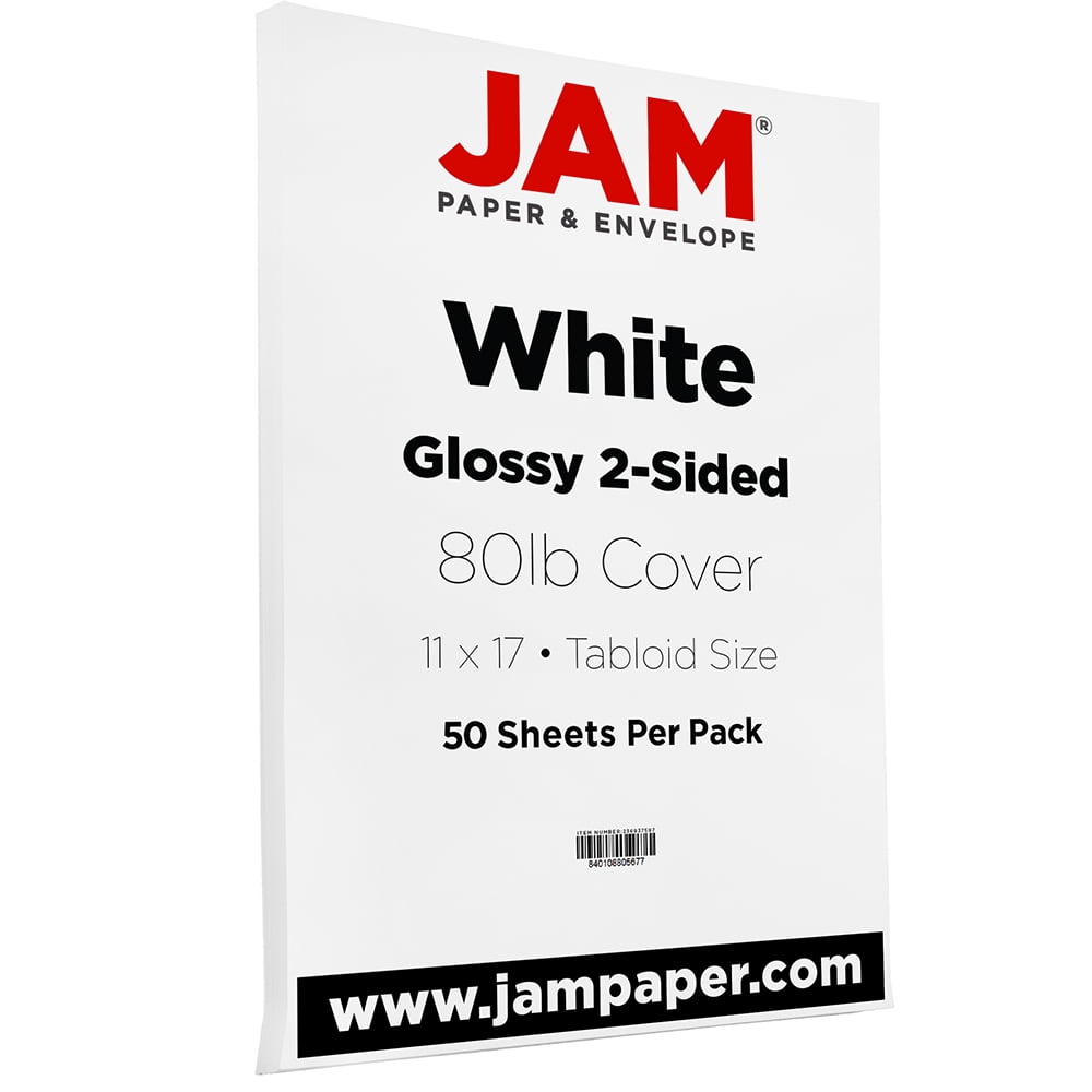 JAM Paper Tabloid 80lb Cardstock, Glossy 2-Sided, 11 x 17 Coverstock, White, 50 Sheets/Pack
