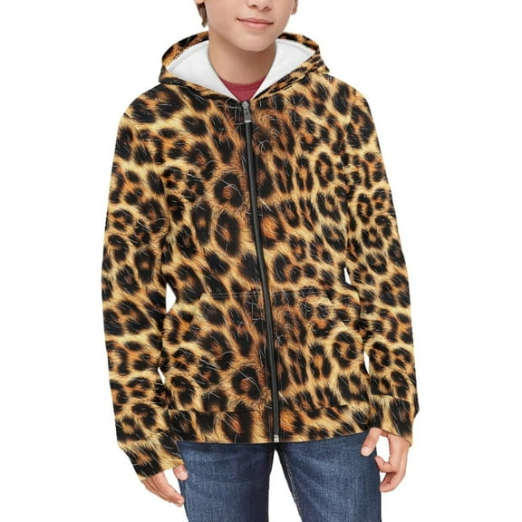 Psesaysky Boys Girls Fleece Hoodies Brown Leopard Print Zipper Hoodie Casual Hooded Sweatshirts with Pocket Winter Coat Jacket for Age 6-7 Kids