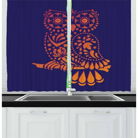 Navy And Orange Living Room Indie Curtains 2 Panels Set, Ornamental Hand Drawn Owl Figure in Vintage Style Floral Details Wisdom Symbol, Window Drapes for Living Room Bedroom, 55W X 39L Inches, Navy Blue Orange, by Ambesonne ()