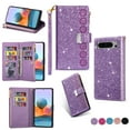 thumbnail image 1 of SaniMore Shining Star Laser Designed for Google Pixel 8 Pro Case, Zipper Wallet Case for Girls Women, PU Leather Flip Kickstand Card Slot + Wrist Strap Cover for Google Pixel 8 Pro, Purple, 1 of 7