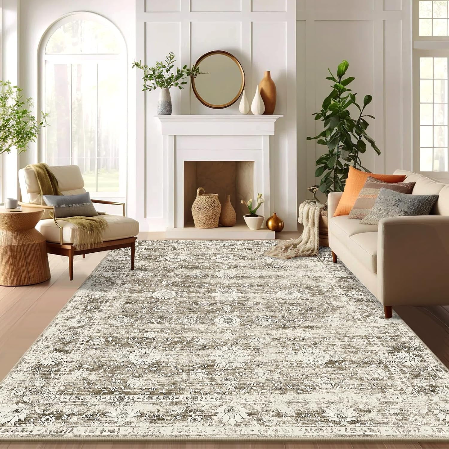 Yamaziot Area Rugs for Living Room 6x9, Washable Indoor Rug Vintage Distressed Persian Floral Boho Non Slip Accent Carpet for Bedroom Dinning Room Home Office, Neutral Beige Brown