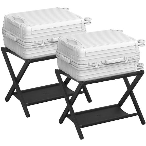 SONGMICS Luggage Rack, Set of 2, Folding Suitcase Stand with Storage Shelf, for Guest Room, Hotel, Bedroom, Heavy-Duty, Holds up to 131 lb, Ink Black