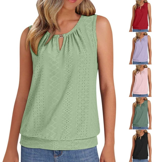 Blusas,Camiseta sin mangas lisa con escote en V y abertura para mujer, diseño de ojales bordados, corte holgado, poliéster, ropa informal de verano, sopatenor