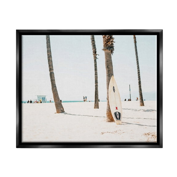 Stupell Surfboard Leaning Tropical Palm Trees Landscape Photography Black Floater Framed Art Print Wall Art