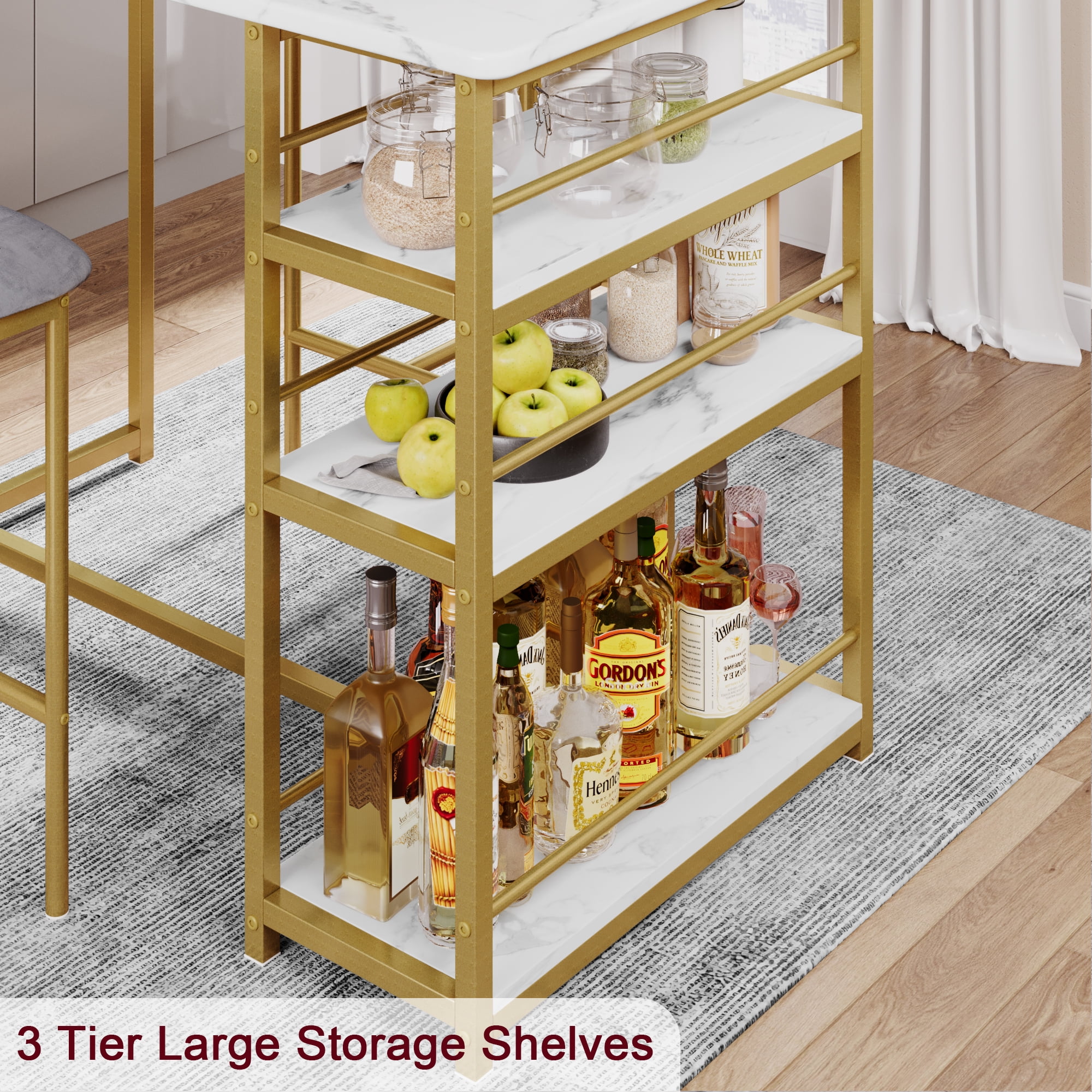 3 Piece Counter Height Dining Table Set for 2 with Velvet Upholstered Chairs and 3 Large Storage Shelves, Kitchen Bar Table Set for Small Space, Apartment, Gray Gold White