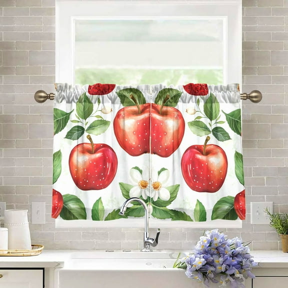 Yayeee Kitchen Curtains Tier Pair Light Filtering 27"x36" Rod Pocket Short Cafe Window Panel, Apple Pattern