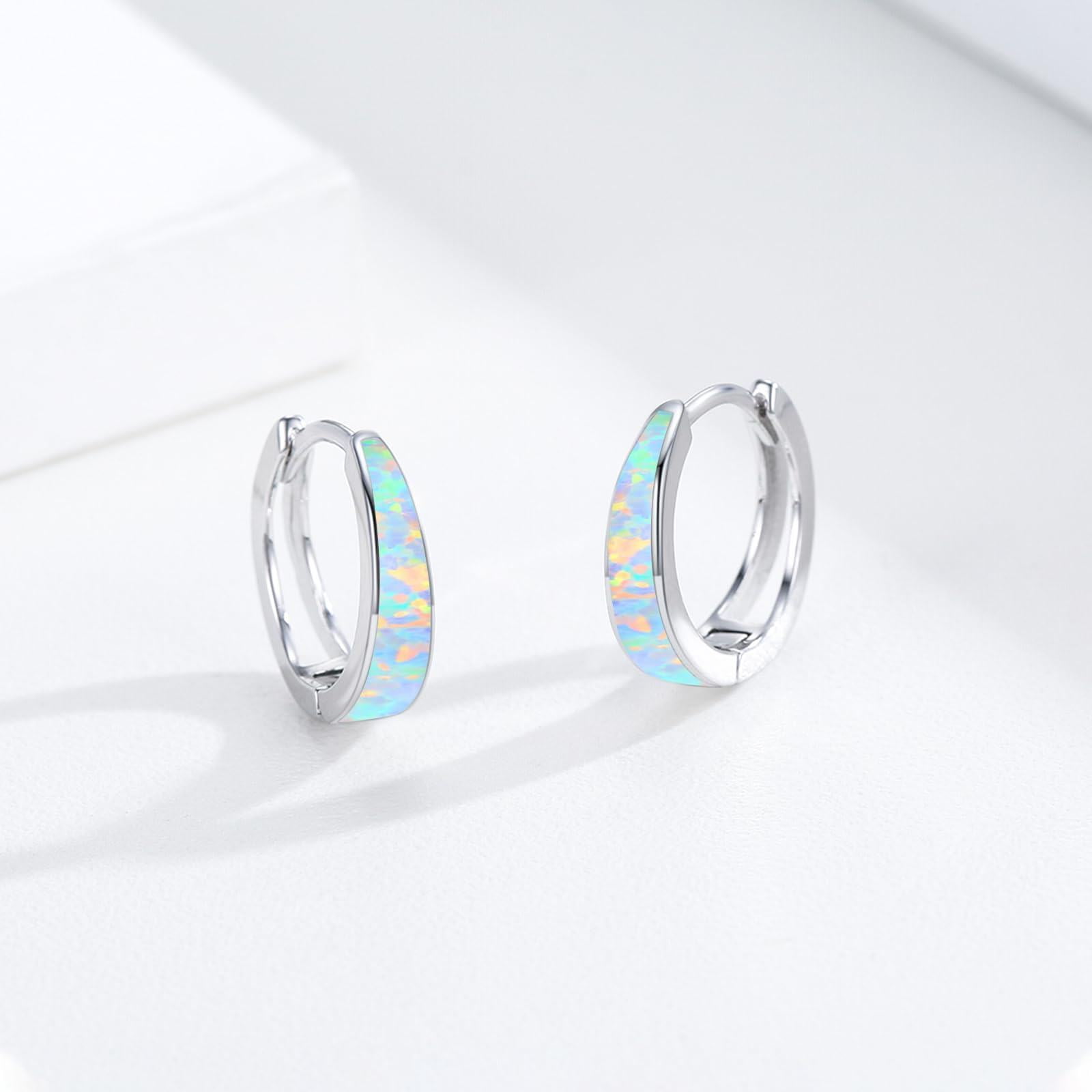 Coachuhhar Opal Earrings for Women 925 Sterling Silver White Opal Hoop Huggie Earrings Hypoallergenic Cartilage Hoops Earrings Opal Jewelry for Mother's Day