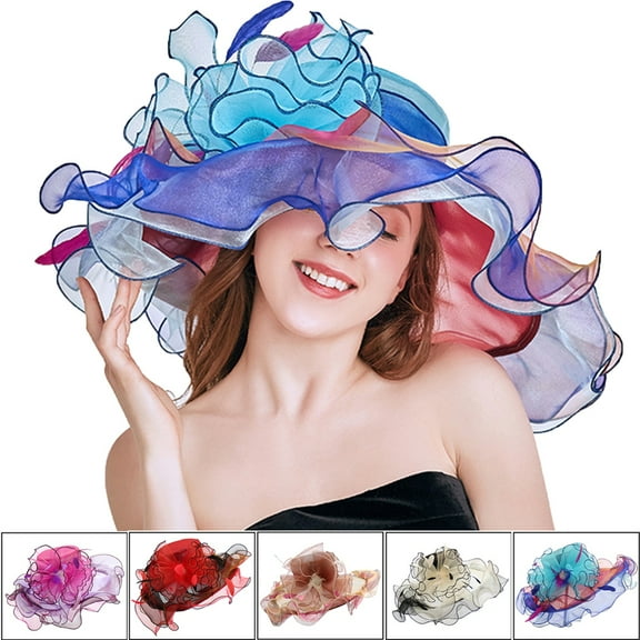 Women Oganza Sun Hat Church Wide Brim Wedding Formal Fascinator Hat Stage Performance Show Cap