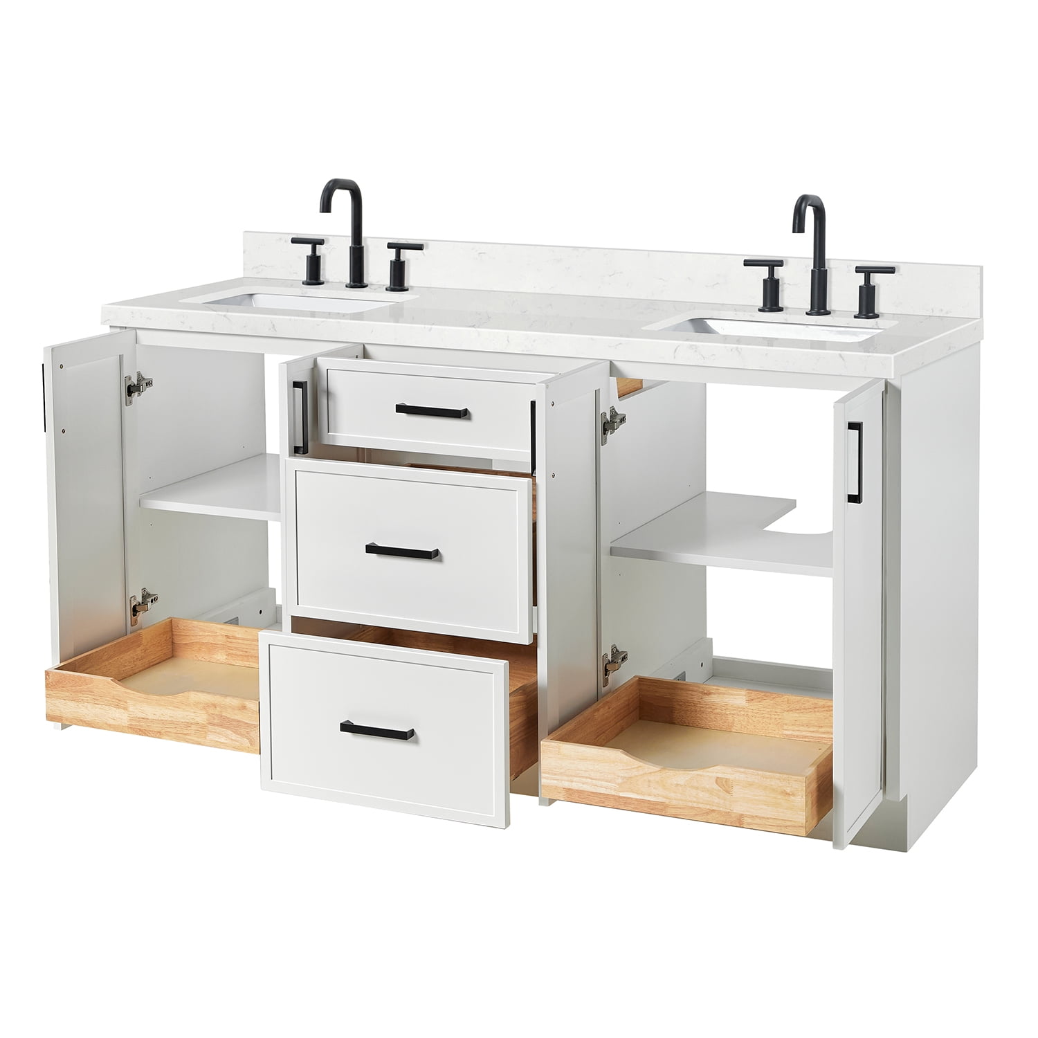 Ariel Kelly 66 Inch Double Rectangular Sink Bathroom Vanity With Carrara White Quartz Countertop 1.5 inch Edge In White