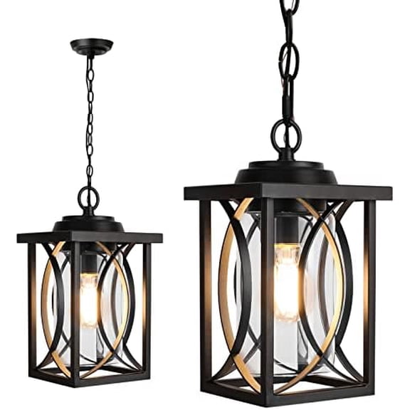 Outdoor Pendant Light Fixture, Modern Black Exterior Hanging Lantern Anti-Rust Metal Hanging Lights with Clear Glass Shade and Adjustable Chain for Porch Foyer Doorway Front Door 1 Pack