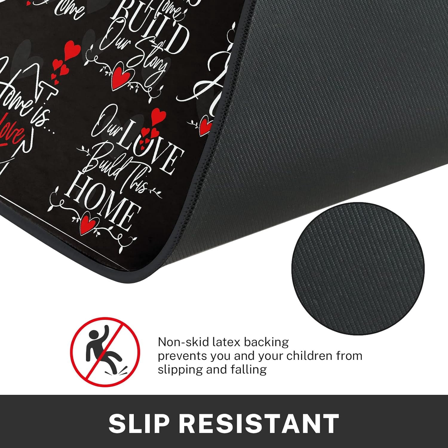 Black Kitchen Rugs and Mats Non Skid Washable Set of 2, Red Love Heart Kitchen Mats for Floor, My Sweet Home Kitchen Runner Rug, Modern Phrase Doodle Kitchen Decor