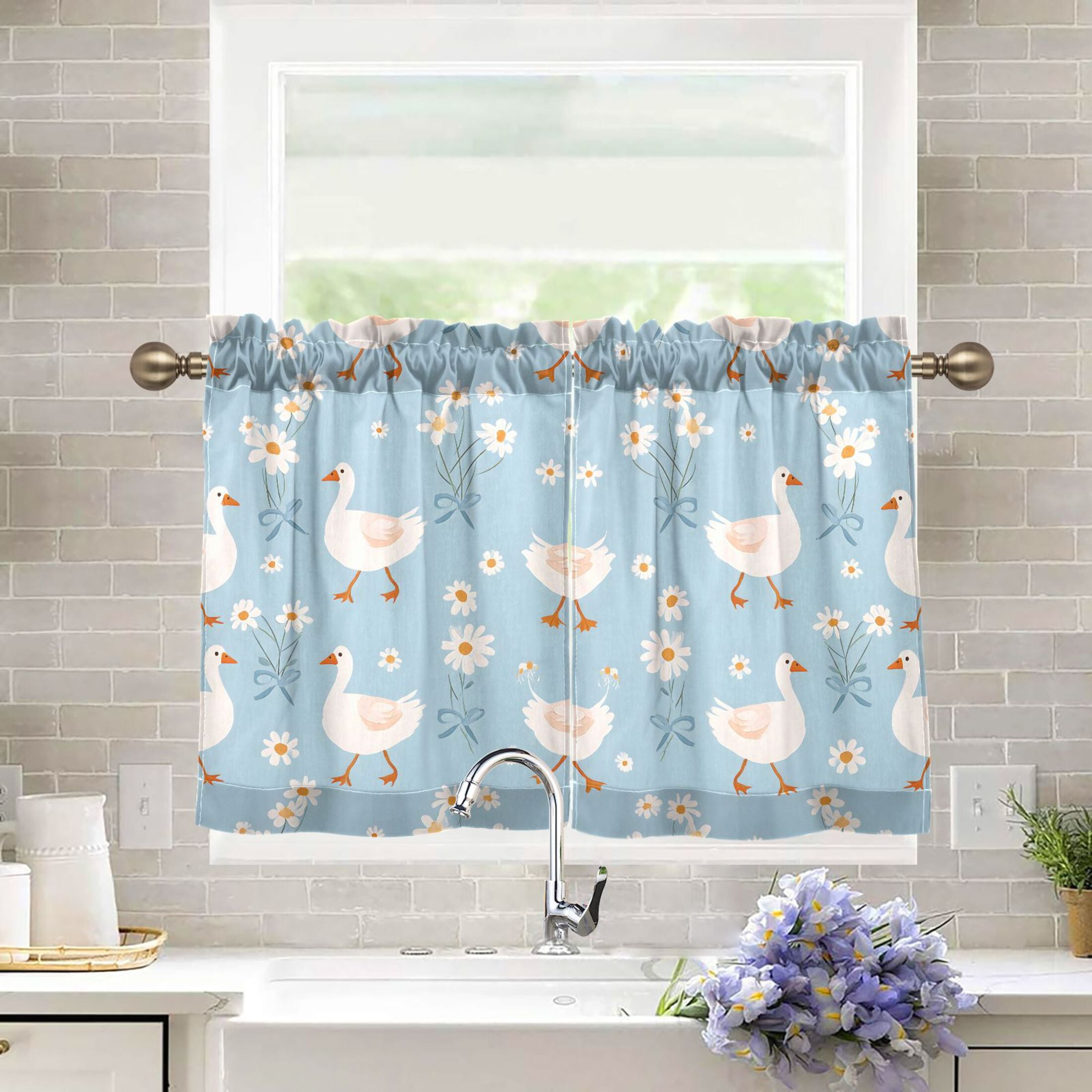 Linen Kitchen Curtains Geese Daisy Pattern Tier Curtains Tier Kitchen Living Room Bedroom Balcony 2 Panels 27x36 Inch