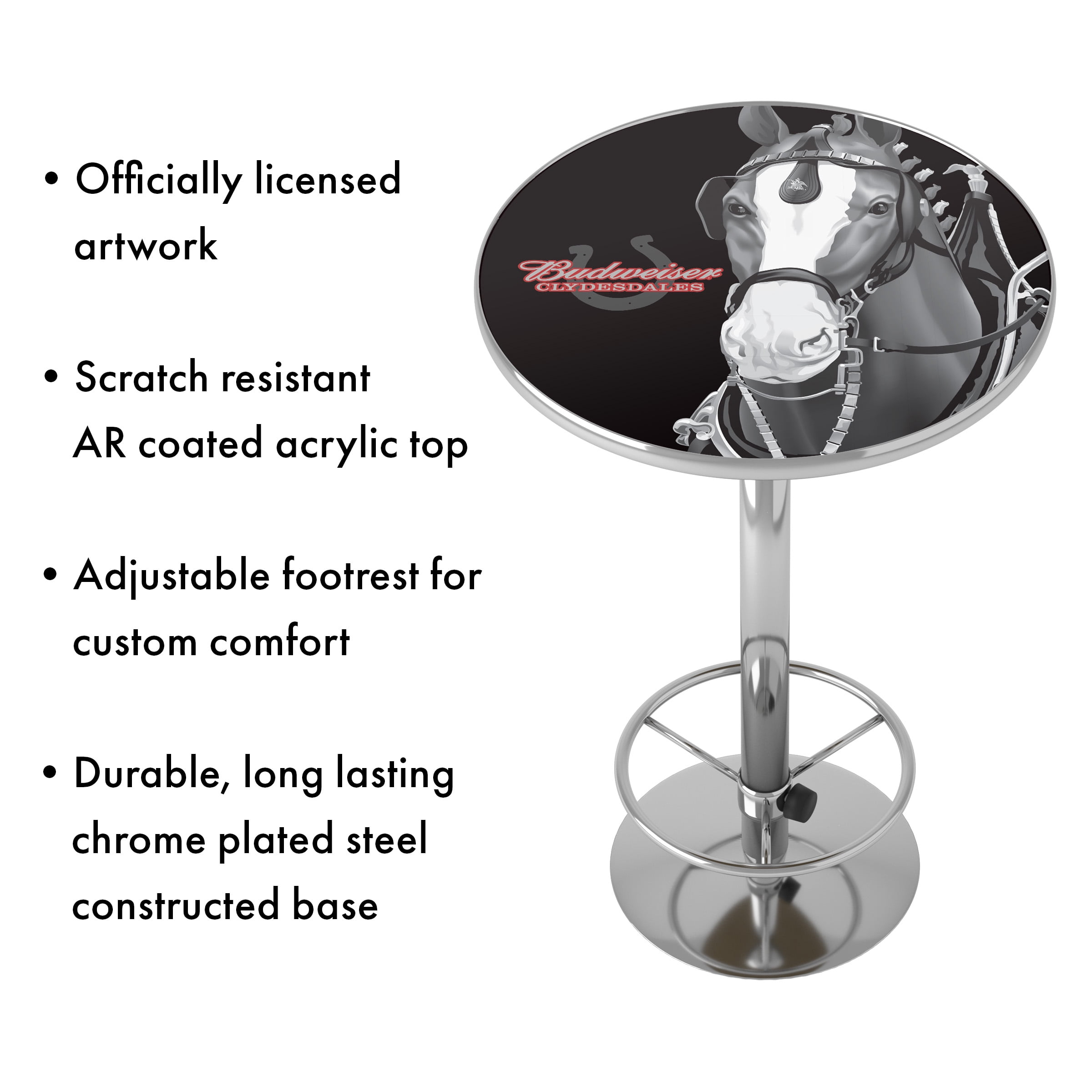 Budweiser Clydesdale Black Bar Table with Adjustable Footrest and Acrylic Top