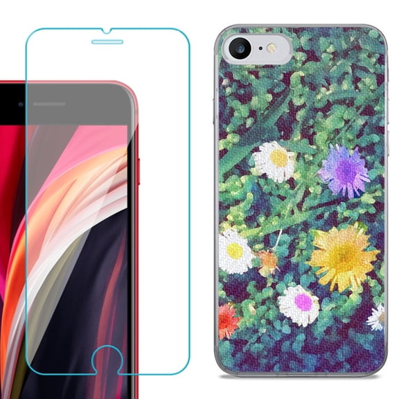 Slim-Fit Fashion Gel Phone Case for iPhone SE 2022, with Tempered Glass Screen Protector, by OneToughShield ® - Daisy Paint