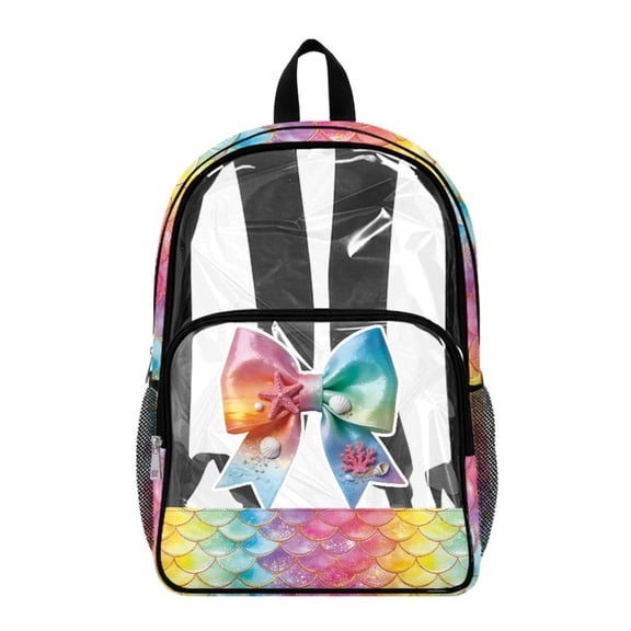 Whosucclay Colorful Bow with Scales 17 Inch Travel Bag, Side Pockets Clear Backpack, Wide Shoulder Straps Front Pocket Daypack for Elementary High School