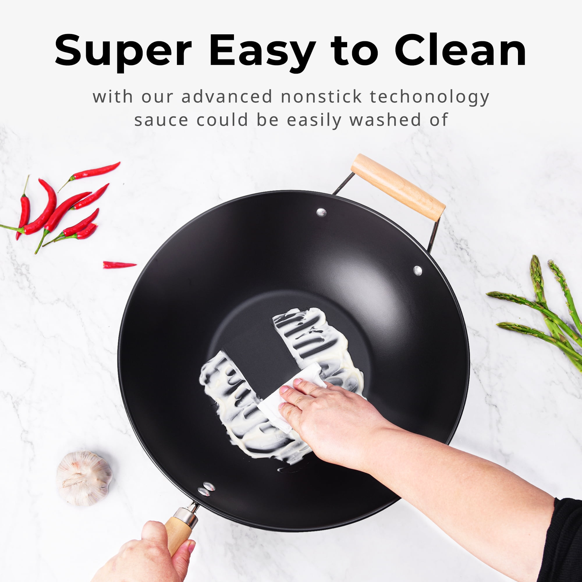Mainstays Easy clean, hand wash recommended Carbon Steel, Non-Stick, NS Wok