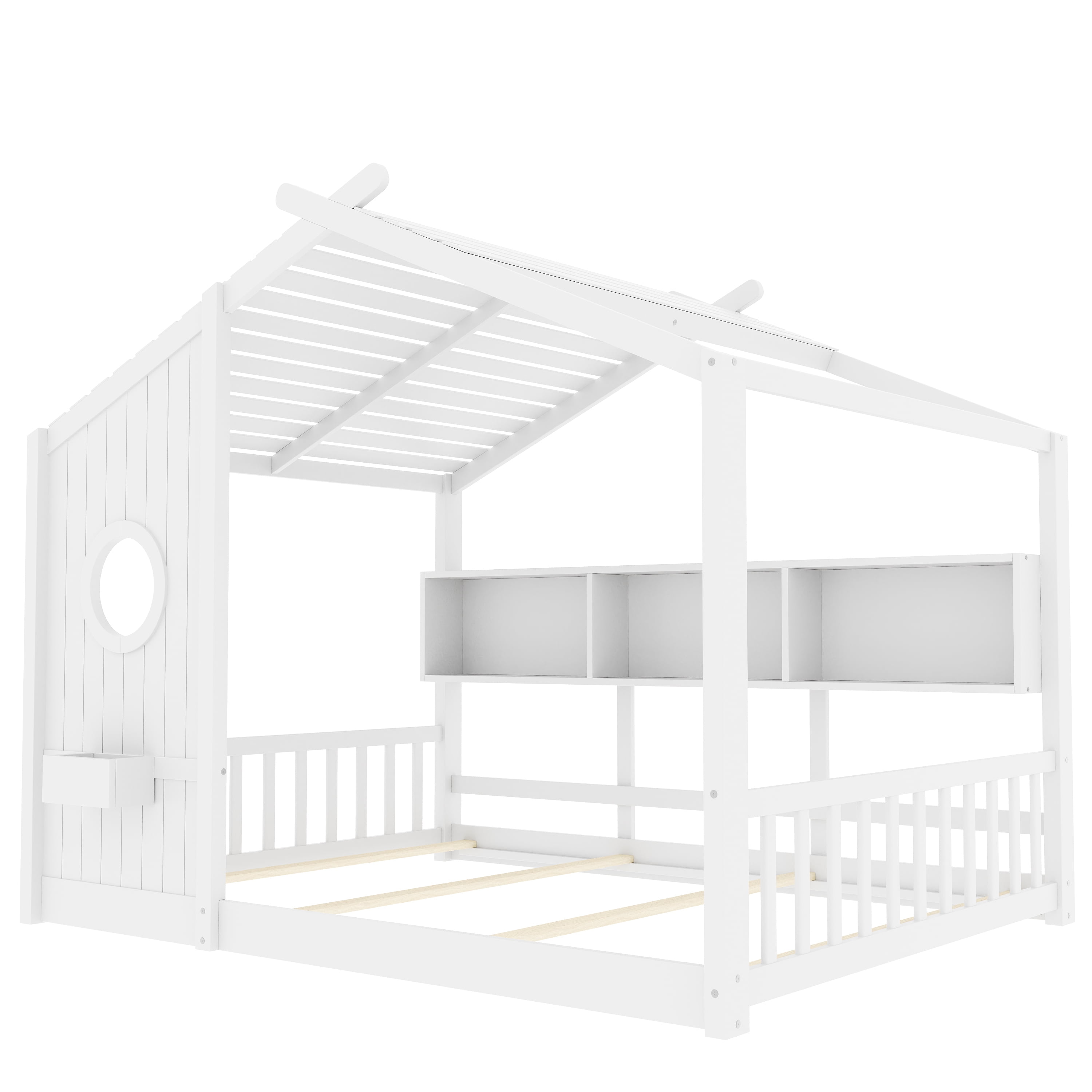 Euroco Wood Full Size House Bed with Cabinets, Floor Bed with Roof Design and Storage Shelves, White