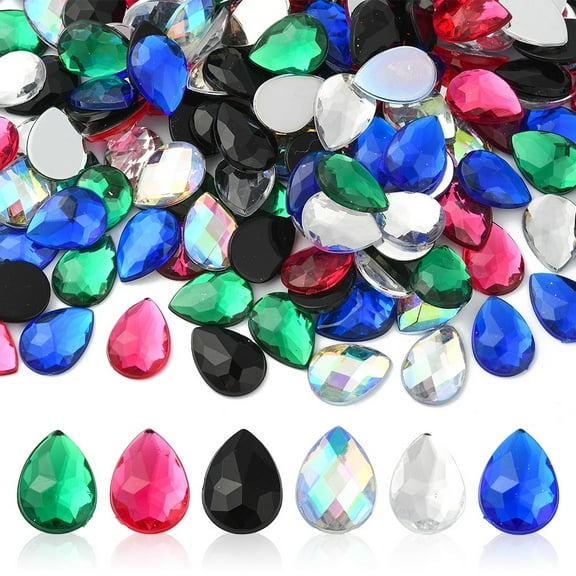 180Pcs 6 Colors Acrylic Rhinestone Flat Back Cabochons Faceted Bottom Silver Plated Teardrop Mixed Color 14x10x3~3.5mm 30pcs/color