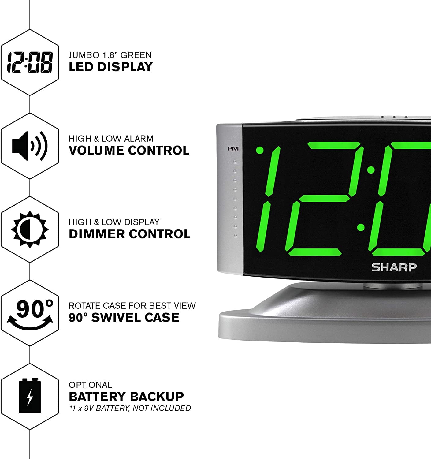 Home LED Digital Alarm Clock – Swivel Base - Outlet Powered, Simple Operation, Alarm, Snooze, Brightness Dimmer, Big Green Digit Display, Silver Case