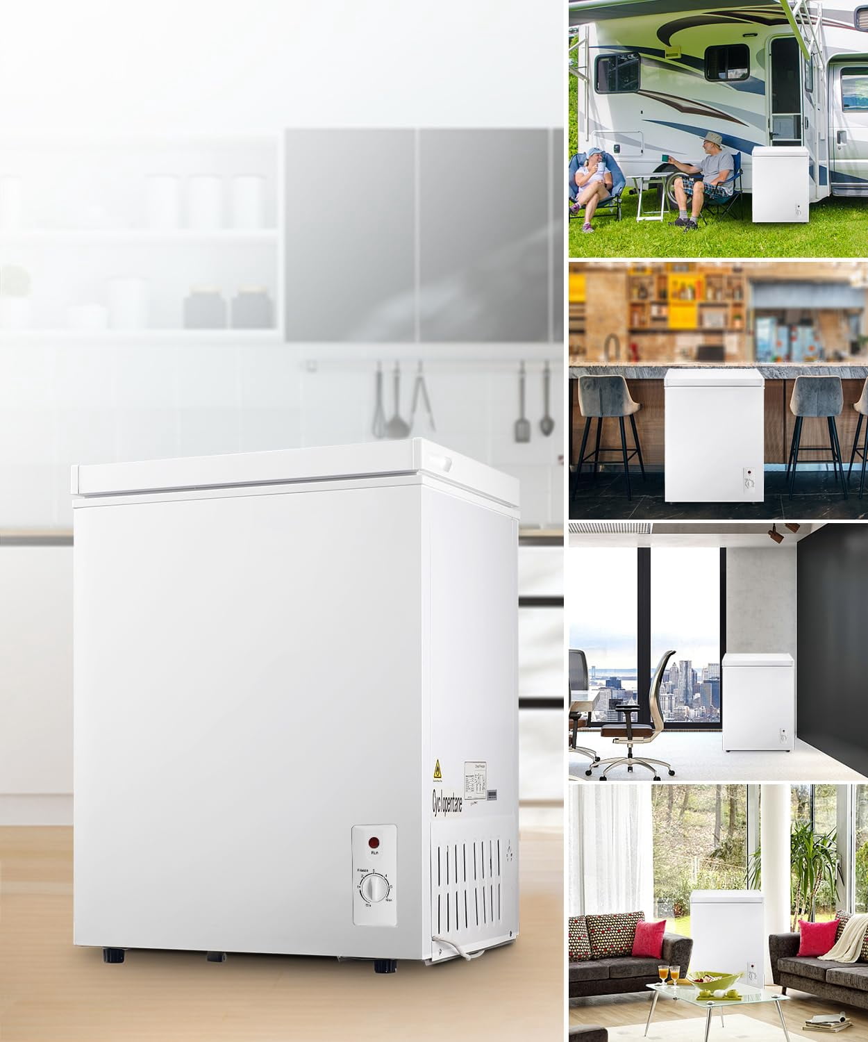 5.0 Cu.Ft Mini Chest Freezer, 2 Removable Baskets, 6 Level Adjustable Thermostat Front Defrost Drain, Quiet R600a Compressor for Dorm Home, White