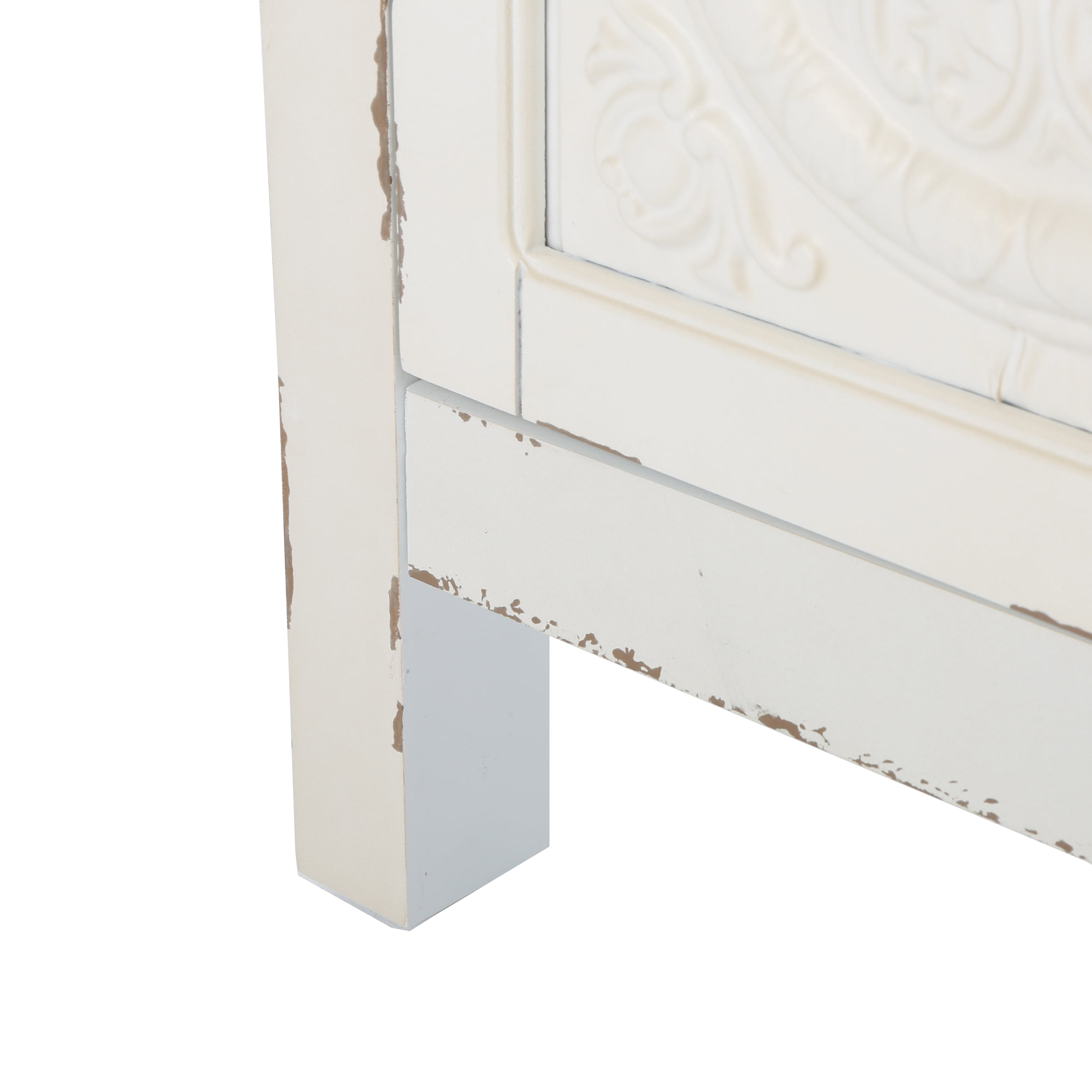 Noble House Leisha Farmhouse Firwood Distressed Cabinet with Carved Panels, White and Brown