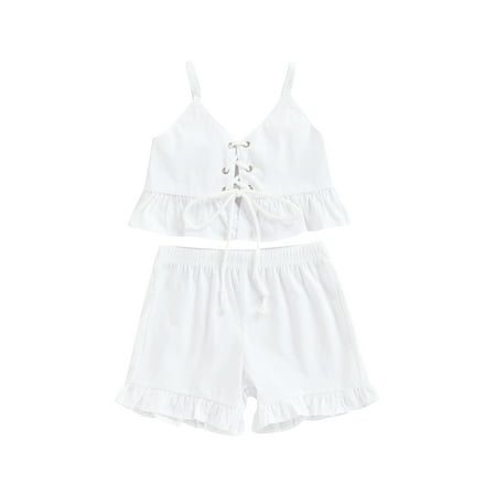 

Nokpsedcb Toddler Girls Summer 2Pcs Sets Solid Color Sleeveless V-Neck Bandage Tank Elastic Band Ruffle Shorts White 4-5 Years