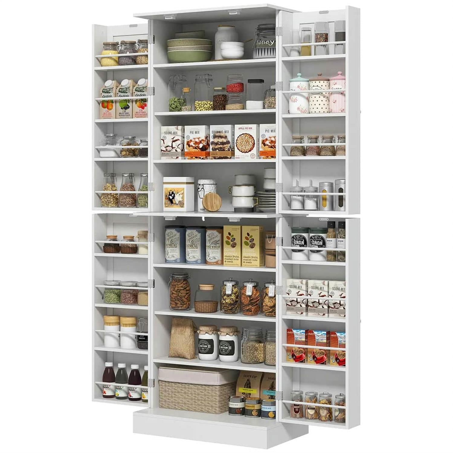 Demi Bonn 65" Kitchen Pantry Cabinet, 4-Door Storage with 16 Shelves for Dining Room, Space-Saving Kitchen Organization, White