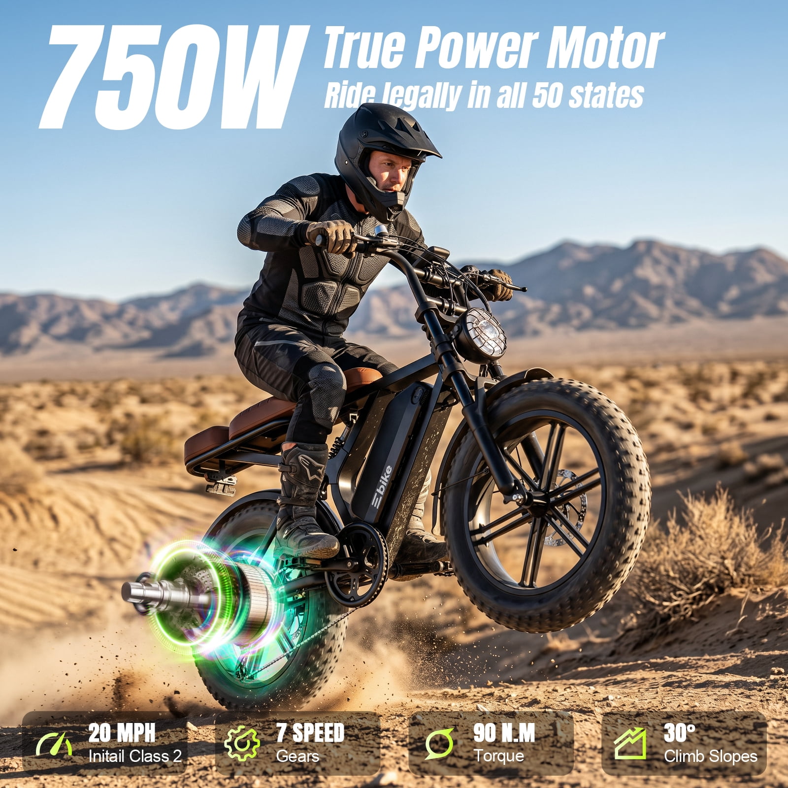 SISIGAD Electric Bike for Adults, 750W Motor 65 Miles Ebike with 48V 15Ah Removable Battery, 20"x4.0" Fat Tire E Mountain Bike for Age 16+, UL2849