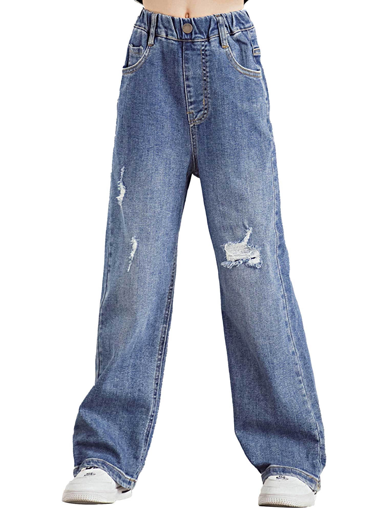 Girls Kids Casual Fit Ripped Denim Pants Wide Leg Distressed Trousers - Walmart.com