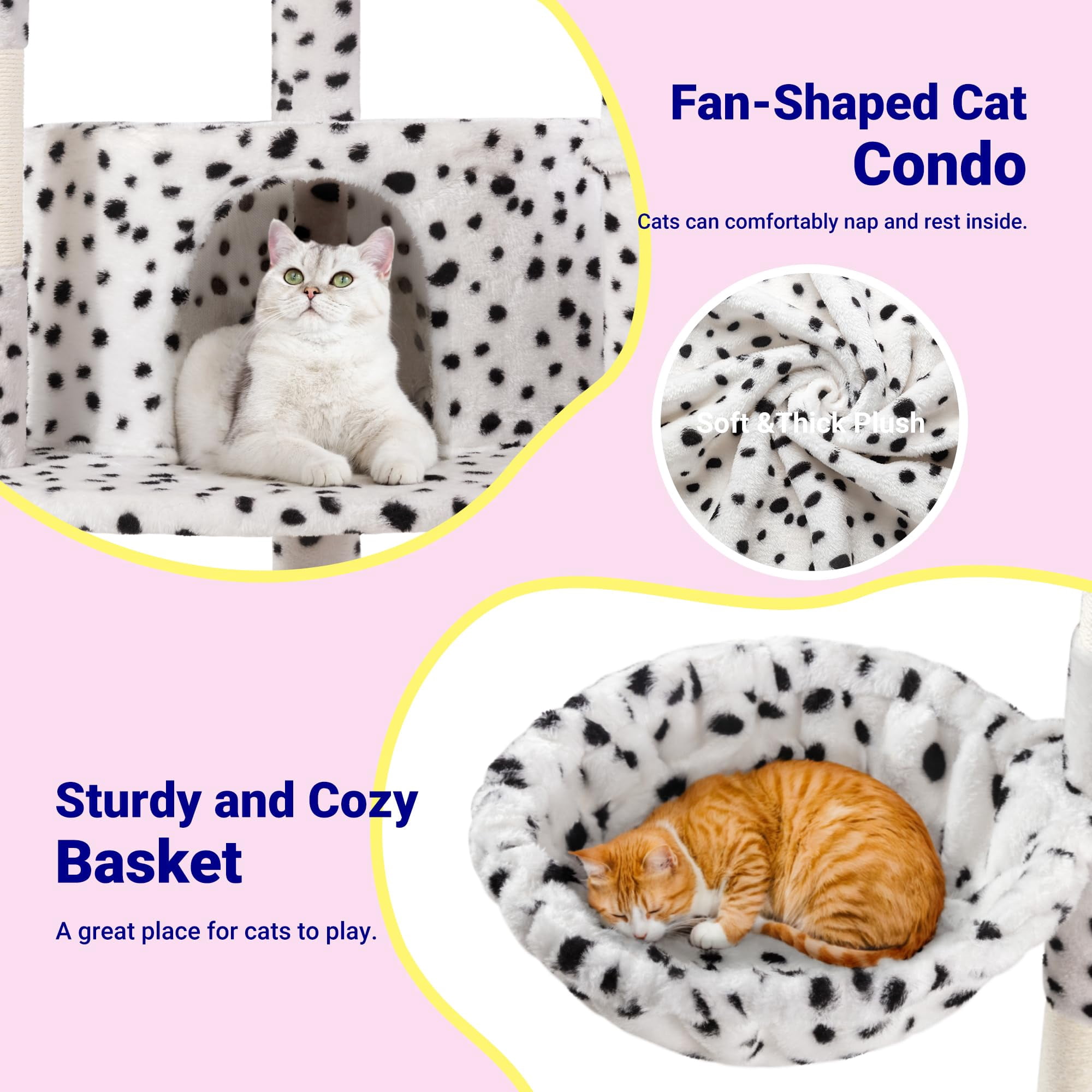 73in Fan-shaped Space-saving Corner Cat Tower/multi-level Tall Tree For Indoor Kitties/cozy Baskets/condos/house/perches/sisal Posts/pet Activity Center/white & Black Spot