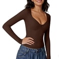 thumbnail image 3 of XPMWRP Womens Long Sleeve Twist Front V Neck T Shirts Slim Fit Trendy Solid Color Spring Casual Tops Tee Brown XL, 3 of 5