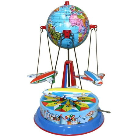 8" Blue, Red, and White Carousel with Planes Collectible Tin Toy