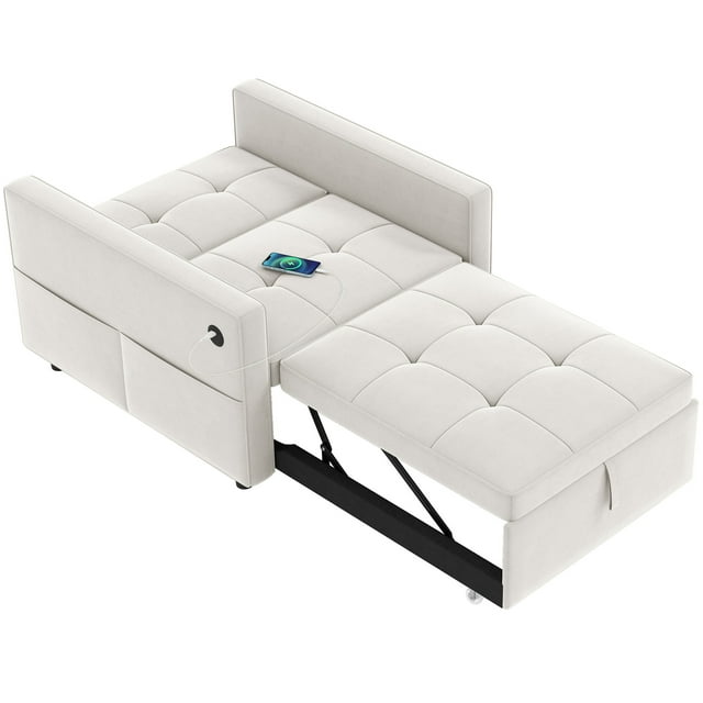 CoSoTower Convertible Chair Bed, Pull Out Sleeper Chair with USB, Adjustable Backrest, Small Velvet Futon Sofa Bed, Cream White