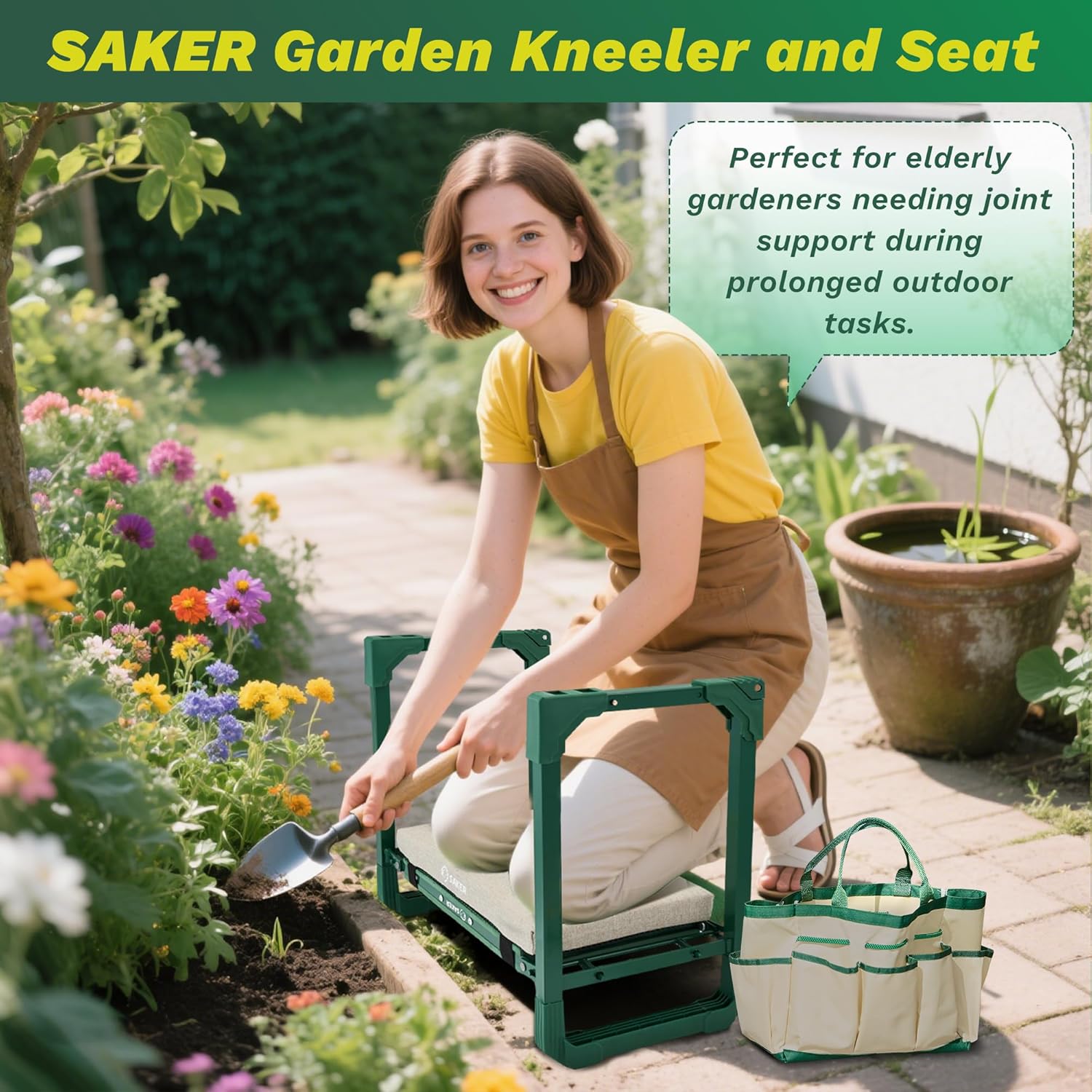 Saker Garden Kneeler and Seat Foldable Gardening Stool with Extendable Legs & Thickened Pad, Tool, Heavy Duty Support for Elderly, Gardening, Outdoor Use