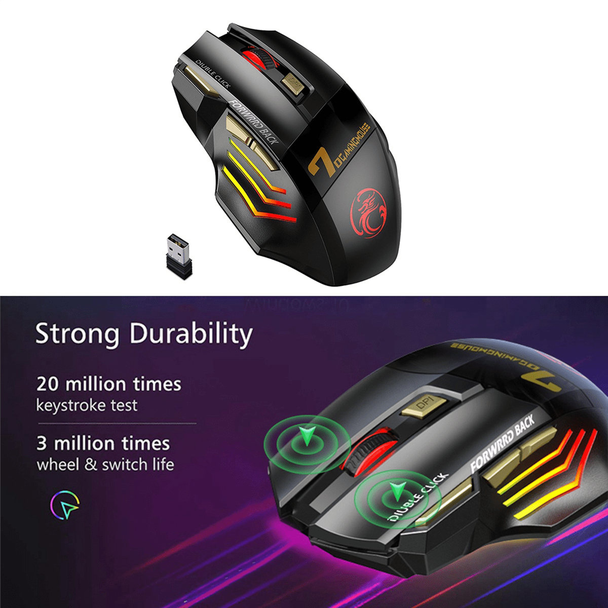 2X Wireless Gamer Mouse for Computer 2.4G RGB Rechargeable Gaming Mouse Bluetooth USB Mouse Silent Ergonomic Mice,2 x Wireless Gaming Mouse 2 x Receiver,Black