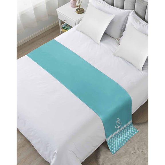 Bed Runner Scarf King Size, Blue Morocco Stain Bed Runners & Scarves for Foot of Beds, Modern Geometric Nautical Anchor Stripe Decorative Bedding Runner Scarf for Hotel Home Bedroom