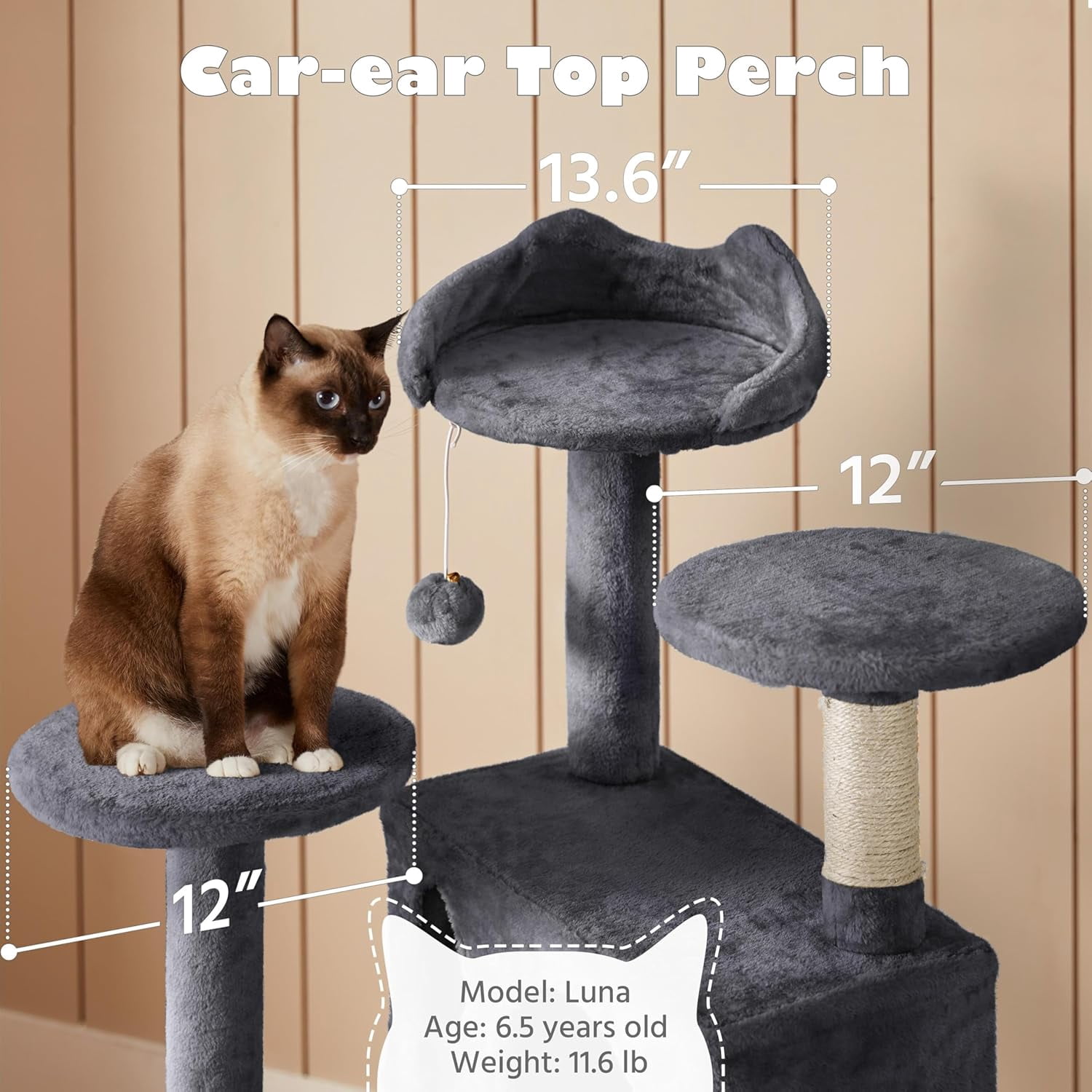 54in Cat Tree, Multi-Level Cat Tower with Spacious Kitten-ear Perch, 2 Cozy Caves, Scratching Posts, Climbing Ladder, 2 Plush Balls, Durable Pet House Furniture for Indoor Kittens, Dark Gray