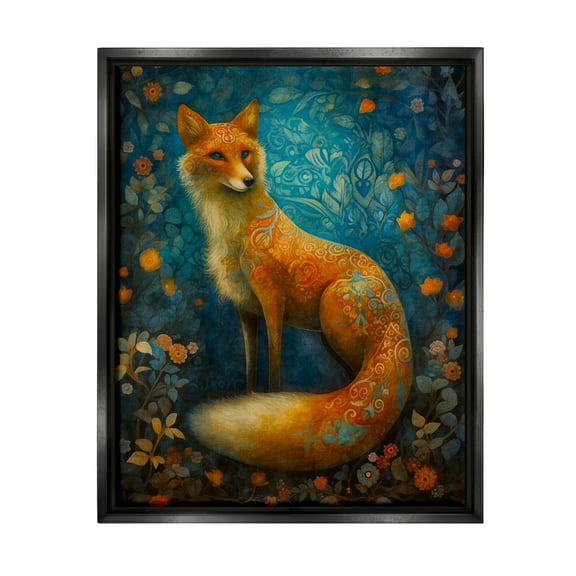 Stupell Industries Patterned Forest Fox Animals & Insects Painting Black Floater Framed Art Print Wall Art, 17 x 21