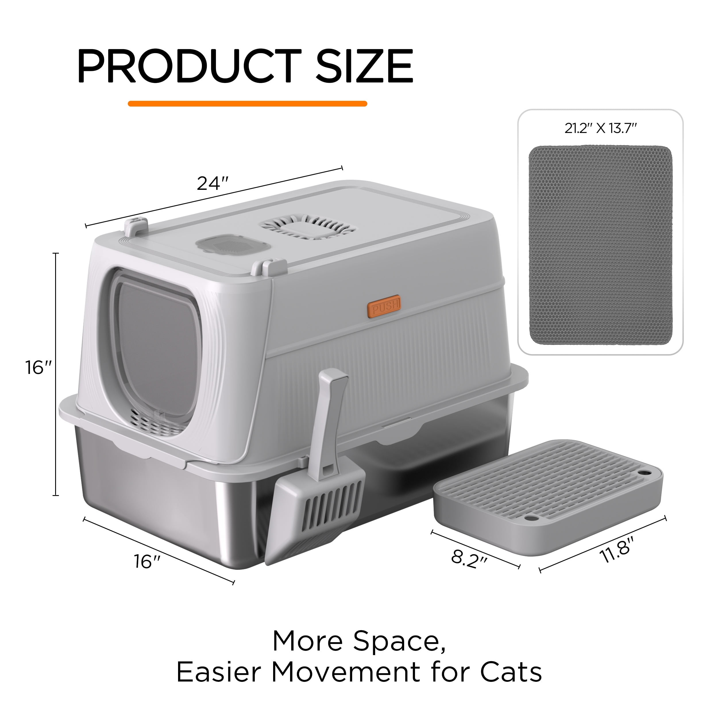 Kerhouze Stainless Steel Litter Box with Lid Enclosed Large Cat Litter Box with Poop Scooper Gray