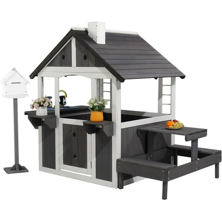 Matladin Kids Wooden Playhouse with Sink Toys, Picnic Table, Mailbox, Flowerpot Holders, Plastic Basin, Child DIY Room for 3-8 years