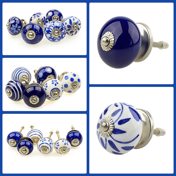 Set of 6 Assorted Blue & White Ceramic Cabinet Knobs Decorative Drawer Pull Handles