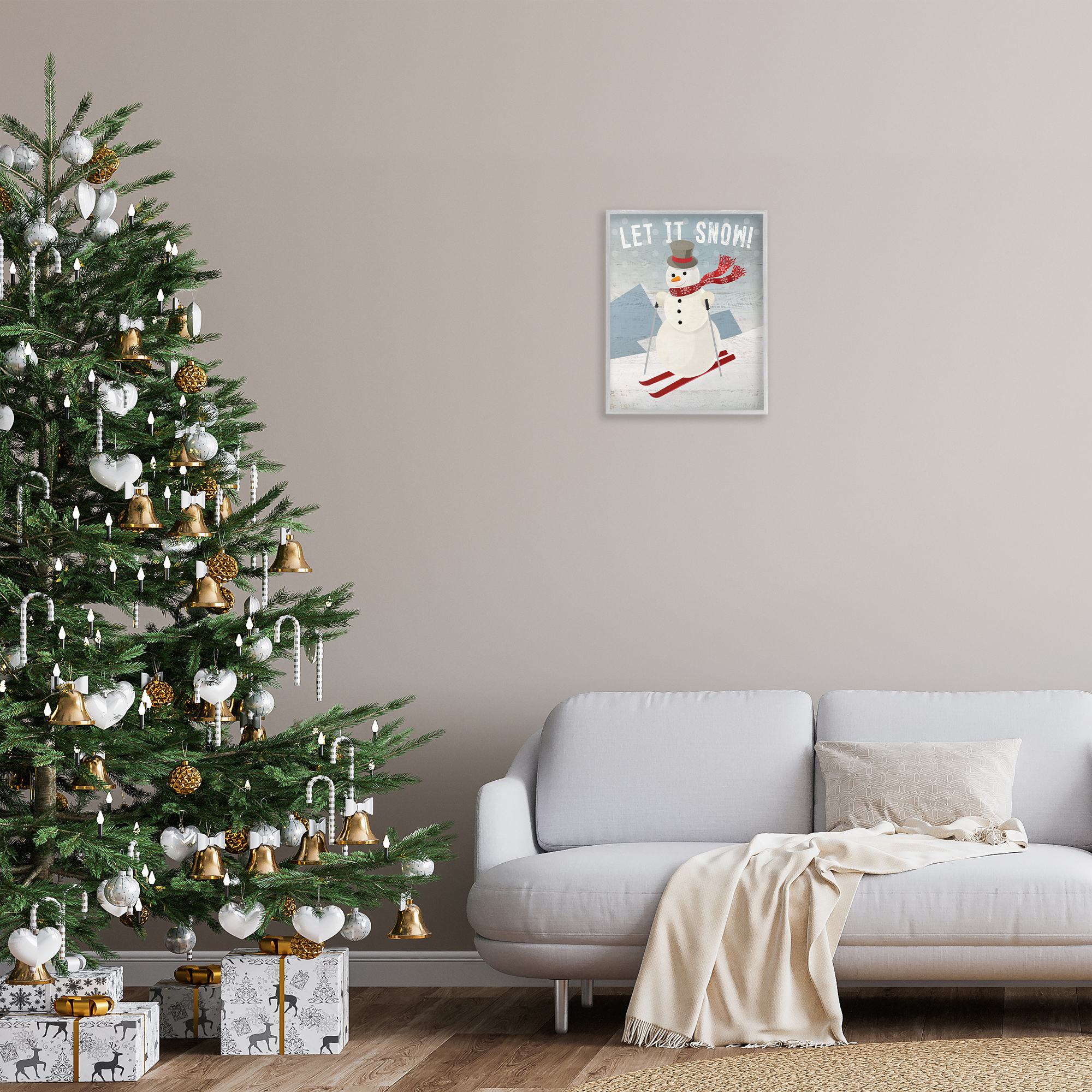 Stupell Industries Skiing Snowman on Slopes Holiday Painting Gray Framed Art Prints Wall Art, 16 x 20