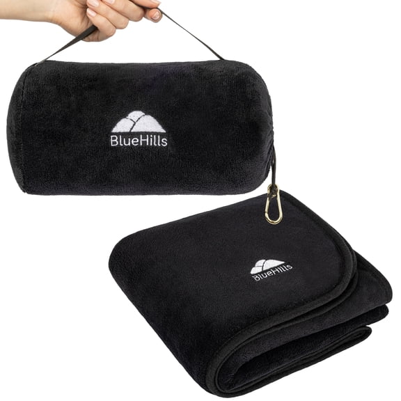 BlueHills Travel Blanket Rolled Premium Soft Plush Airplane - Black