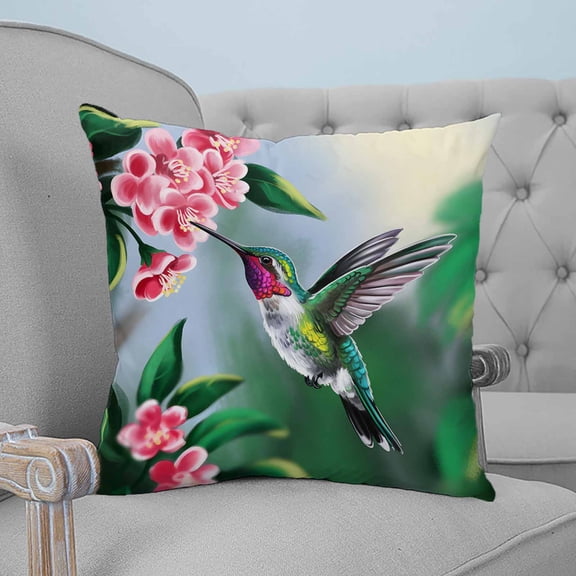 Green Hummingbird Throw Pillow Covers, Soft Pillowcases with Invisible Zipper, Spring Summer Pink Flower Leaf Decorative Square Pillow Cushion Covers for Living Room Couch Sofa Bed 24x24 Inches