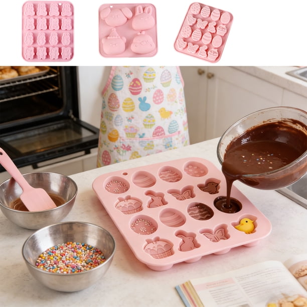 Moldes para hornear chocolate, juego de moldes de silicona con forma de conejito de Pascua para decorar pasteles y hacer dulces, suministros reutilizables para hornear en la cocina (rosa) NCHKUN