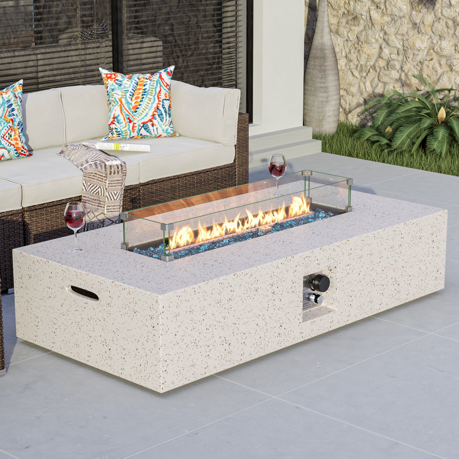 VENTOPYR Outdoor Propane Fire Pit Table, 56-inch x 28-inch Rectangle Terrazzo White Concrete-Like Finish, 50,000 BTU Stainless Steel Burner w Blue Fire Glass, Wind Guard, Raincover